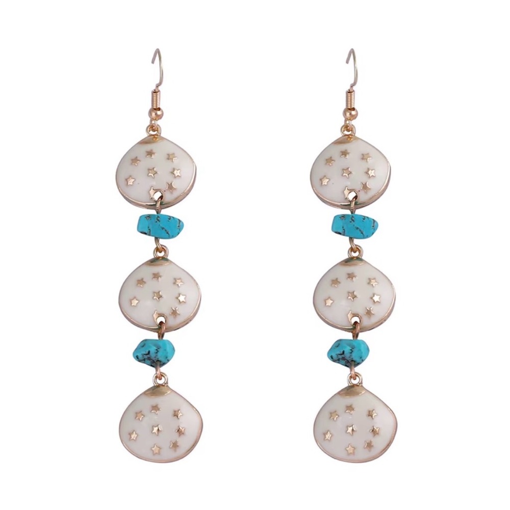 Elegant Gold and White Star Shell And Turquoise Stone Dangle Earrings - Picture 3 of 11